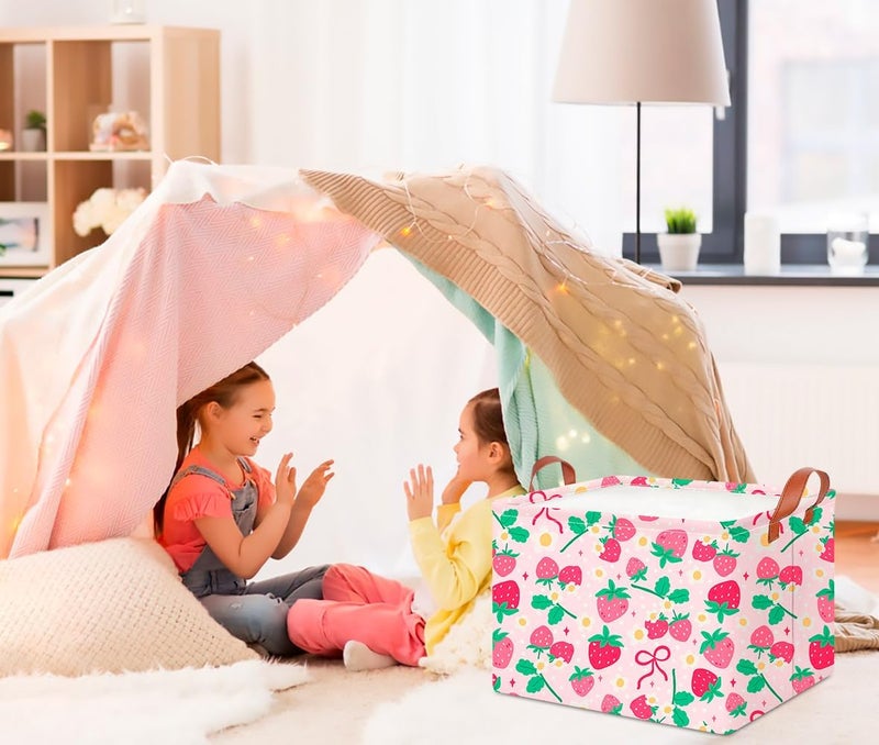 CLOCOR Rectangular Storage Basket Empty,Gift Basket,Waterproof Storage Bin with Handles,Room Decor(Sweet Strawberry) - Image 2